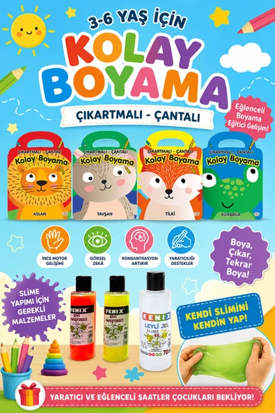 3-6 Yaşa Uygun Kolay Boyama Çıkartmalı Çantalı Set - 4 Kitap ürün görseli 1