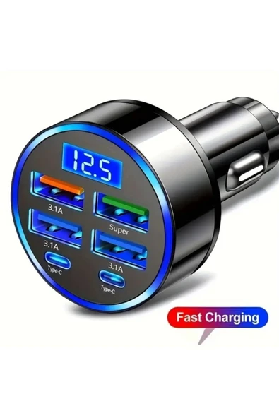 6 Portlu Hızlı Araç Şarj Cihazı – 4 USB + 2 Type-C Çıkışlı Dijital Göstergeli Oto Şarjı ürün görseli 1