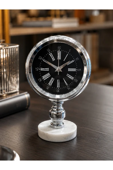 Sleep Nova Lüks Gümüş Mermer Kaideli Dekoratif Masa Saati – Modern Metal Roma Rakamlı Premium Salon & Ofis Saati ürün görseli 1
