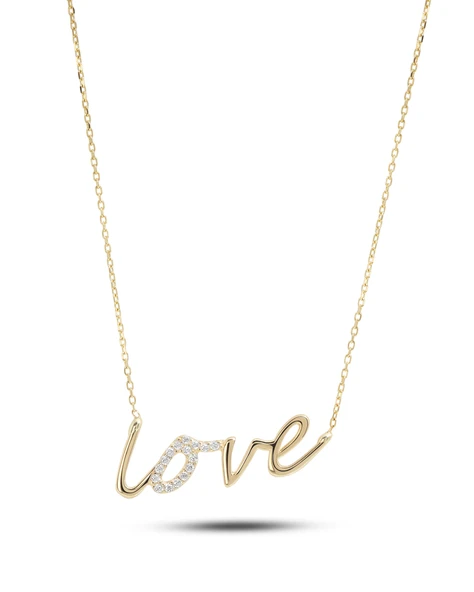 14 Ayar Altın Taşlı Love Kolye ürün görseli 1