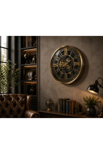 Sleep Nova Vintage Gear Gold Dekoratif Duvar Saati – Büyük Boy Metal Salon Saati ürün görseli 1