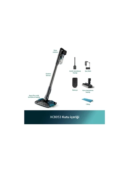 Philips 8000 Serisi Aqua Plus Kablosuz Dik Süpürge, 25,2 V, 80 dk'ya kadar Çalışma Süresi, PrecisionPower Başlık, Aqua Plus Başlık, XC8053/01 ürün görseli 1