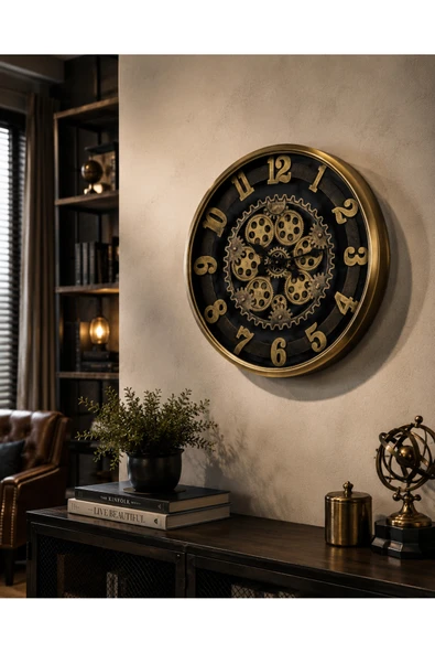 Sleep Nova Gold Steampunk Dekoratif Duvar Saati – Çarklı Büyük Boy Salon ve Ofis Saati ürün görseli 1
