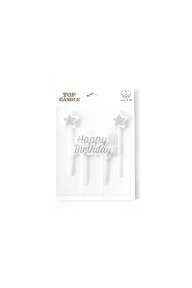 Simli Happy Birthday Yıldız Mum Seti Gümüş ürün görseli 1