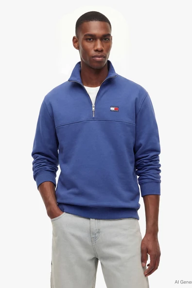 TJM REG BADGE QZ EXT Erkek Mavi Sweatshirt - DM0DM23200 ürün görseli 1