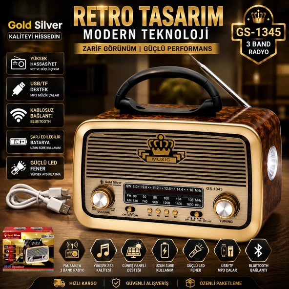 Gold Silver GS-1345 Nostaljik Görünümlü Retro Radyo & Bluetooth Hoparlör (Güneş Panelli & El Fenerli) ürün görseli 1