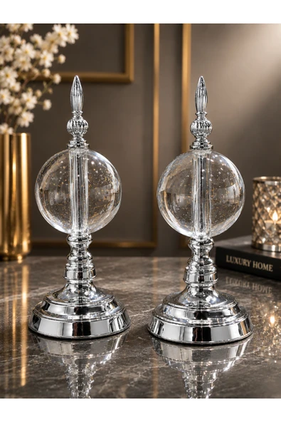 Sleep Nova Silver Crystal Cam Küre Dekoratif Obje Seti – Gümüş Metal Modern Salon & Ofis Aksesuarı (2'li) ürün görseli 1