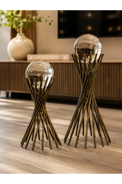 Sleep Nova Eskitme Cam Küre Metal Dekoratif Obje Seti – Modern Salon & TV Ünitesi Aksesuarı (2'li) ürün görseli 1