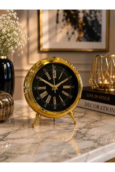 Sleep Nova Gold Vintage Roma Rakamlı Dekoratif Masa Saati | Retro Metal Salon & Ofis Saati ürün görseli 1