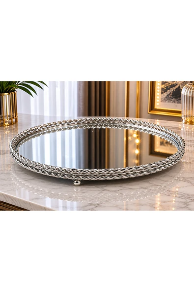 Sleep Nova Platinum Mirror Gümüş Aynalı Dekoratif Tepsi Modern Salon Konsol Sehpa Dekoru ürün görseli 1