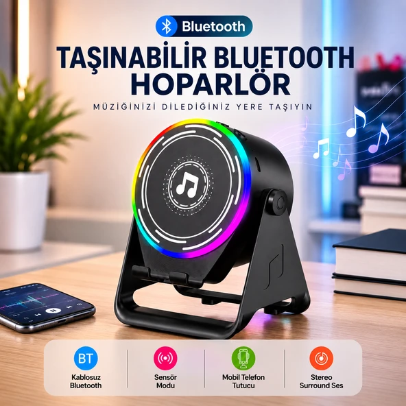 A3 Sensörlü Hoparlör Bluetooth Hoparlör Telefon Standı RGB Işıklı Kablosuz 2’si 1 Arada Siyah ürün görseli 1