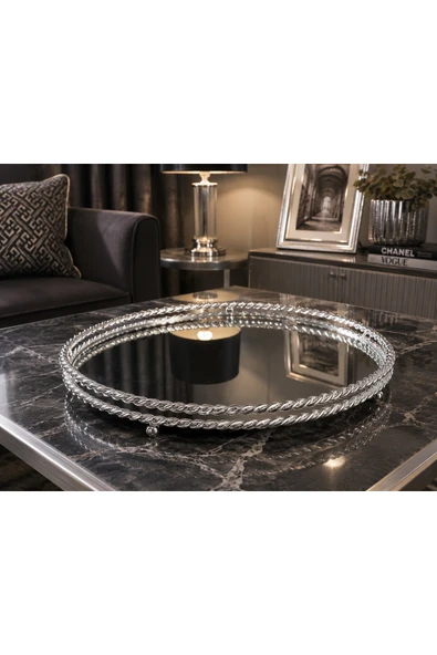 Sleep Nova Silver Prestige Aynalı Dekoratif Tepsi Gümüş Metal Salon Konsol Sehpa Dekoru ürün görseli 1