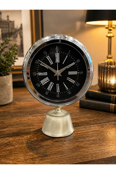 Sleep Nova Lüks Gümüş Mermer Kaideli Dekoratif Masa Saati – Modern Roma Rakamlı Metal Salon & Ofis Saati ürün görseli 1