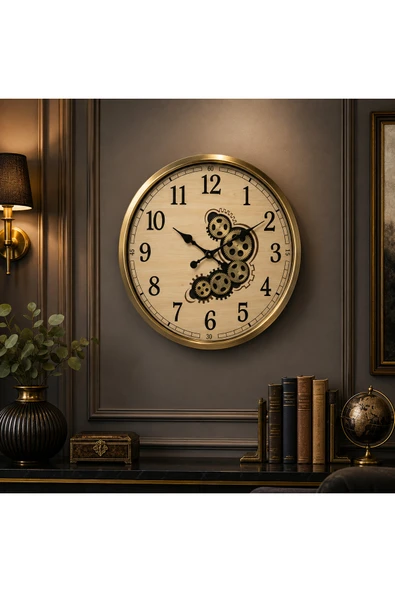 Sleep Nova Imperial Gear Gold Dekoratif Metal Çarklı Duvar Saati Büyük Boy Salon ve Ofis Saati ürün görseli 1