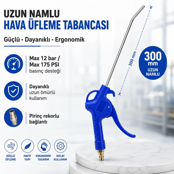 (1 Adet) Uzun Pirinç Rekorlu Metal Hava Tabancası 300 mm Üfleme Temizleme Tabancası Kompresör Uyumlu ürün görseli 1