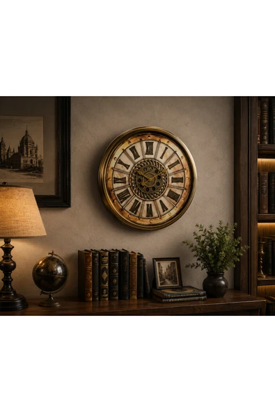 Sleep Nova Roma Rakamlı Dekoratif Metal Duvar Saati Gold Vintage Büyük Boy Salon ve Ofis Saati ürün görseli 1