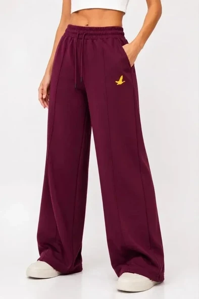 Osy Modal Yumuşak Dokulu Cima Dikişli Nakışlı Cepli Oversize Bol Paça Eşofman Altı - Bordo ürün görseli 1