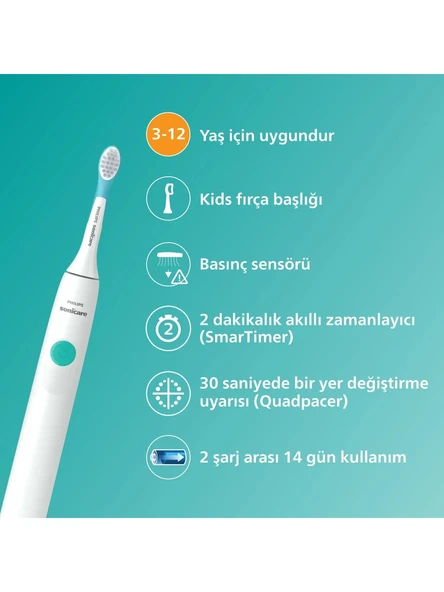 Philips Sonicare Çocuklar için Şarjlı Diş Fırçası, Hassas Temizlik, Kişiselleştirilebilir Sticker’lı Gövde, 2 Yoğunluk Ayarı, SmartTimer ve KidPacer Özellikli, HX3601/01 ürün görseli 1