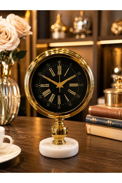 Sleep Nova Lüks Gold Mermer Kaideli Dekoratif Masa Saati – Modern Metal Roma Rakamlı Premium Salon & Ofis Saati ürün görseli 1