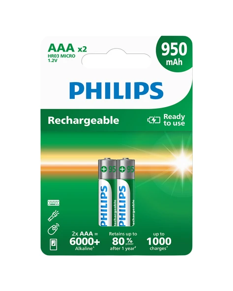 Philips 950 Mah Şarj Edilebilir Aaa Ince Kalem Pil - R03B2A95/10 - 2'li Paket - Ready To Use ürün görseli 1