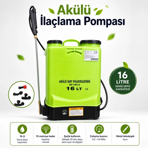 Sırt Tipi İlaçlama Pompası Şarjlı 16 Lt Elektrikli Ağaç Dal Bağ Bahçe Bitki Pülverizatör KF16C2 ürün görseli 1