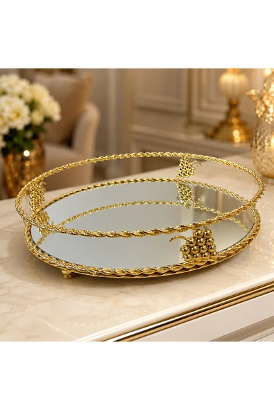 Sleep Nova Gold Üzüm Motifli Aynalı Oval Dekoratif Tepsi Lüks Sunum Tepsisi ürün görseli 1