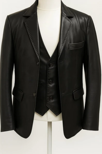 HAKİKİ DERİ BLAZER YELEK CEKET SİYAH KOMBİN ürün görseli 1