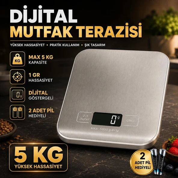 Dijital Mutfak Terazisi 5 Kg Kapasiteli 1 Gr Hassasiyetli Paslanmaz Çelik Pil Hediyeli Hassas Ölçüm ürün görseli 1