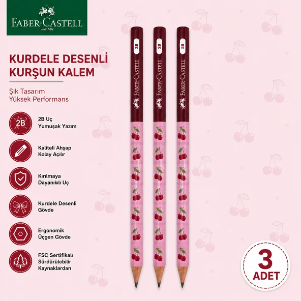 Faber-Castell Cherry Desenli Kurşun Kalem 3 Adet 2B Yuvarlak Gövde ürün görseli 1