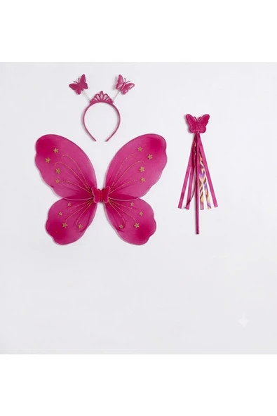 Kelebek Kız Seti – 50 cm Kelebek Kanadı, Taç ve Asa Fuşya ürün görseli 1