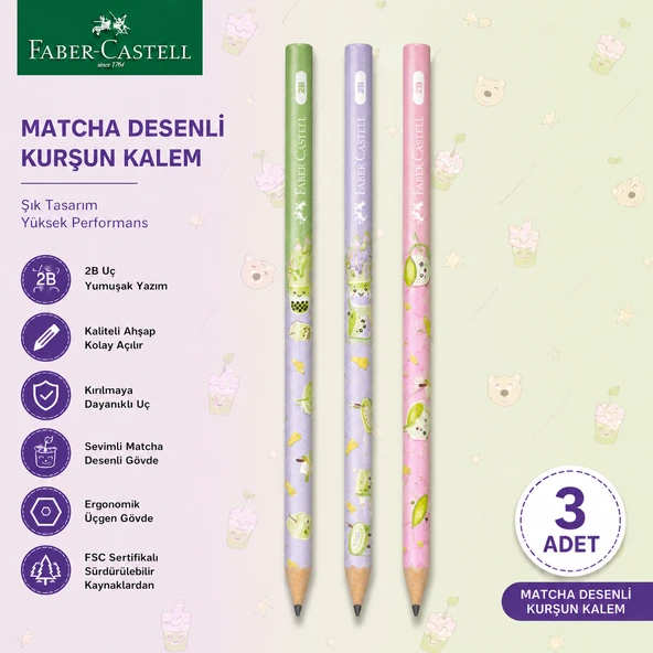 Faber-Castell Matcha Desenli Kurşun Kalem 3 Adet 2B Yuvarlak Gövde ürün görseli 1