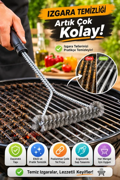Barbekü Mangal Izgara Temizlik Fırçası Paslanmaz Çelik Tel Ergonomik Saplı Izgara Temizleyici Fırça ürün görseli 1