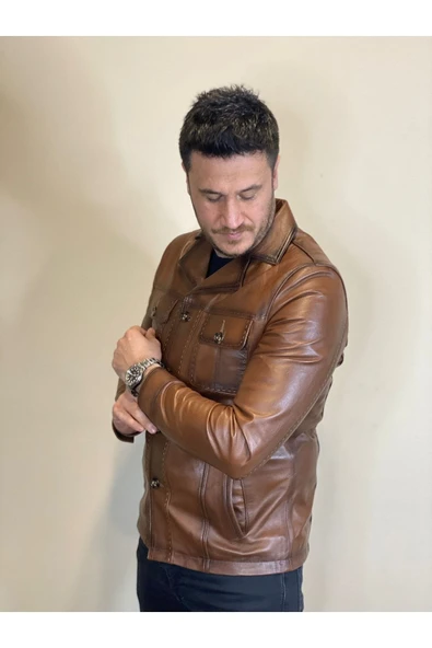 Hakiki Deri Düğmeli Erkek Deri Ceket - Resim 3