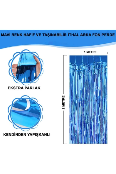 Mavi Renk Ekstra Metalize Parlak Saçaklı Arka Fon Perde İthal A Kalite 1x2 Metre ürün görseli 1