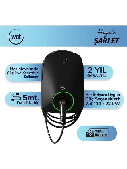 Wat Mobilite 22KW Güçlü Ev Şarj Cihazı 5mt. Dahili Kablo IP55 Koruma Seviyesi ile ürün görseli 1