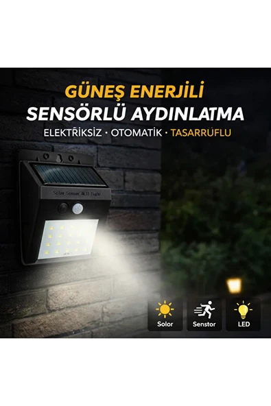 Solar Sensörlü Duvar Apliği 15W 6500K Beyaz Işık IP65 Güneş Enerjili Hareket Sensörlü Bahçe Lambası ürün görseli 1