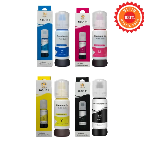 Premium 103 Muadil Mürekkep 4'lü Set Siyah Mavi Kırmızı Sarı Takım Epson EcoTank L3250 L3150 L3210 L3110 L1250 L5290 L3151 L3251 L5190 L3160 L3260 L5296 Mürekkep Tanklı Yazıcı Mürekkebi ürün görseli 1