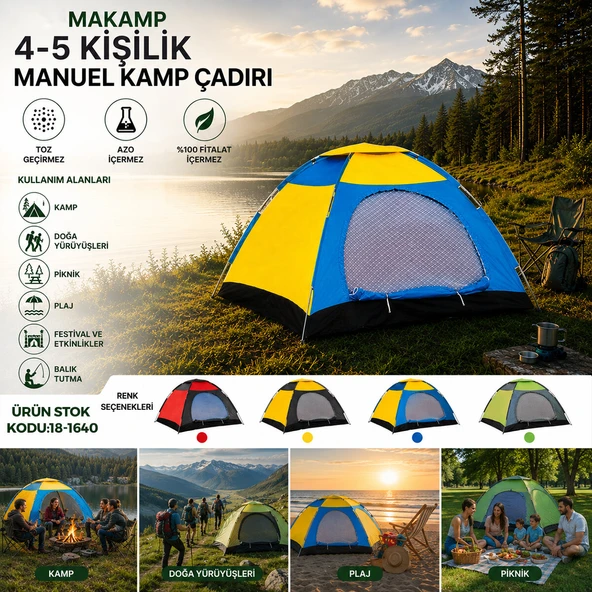 4-5 KİŞİLİK TOZ GEÇİRMEZ 200CMX200CMX135CM MANUEL KAMP ÇADIR HERHANGİ BİR RENK GÖNDERİLİR (5224) ürün görseli 1