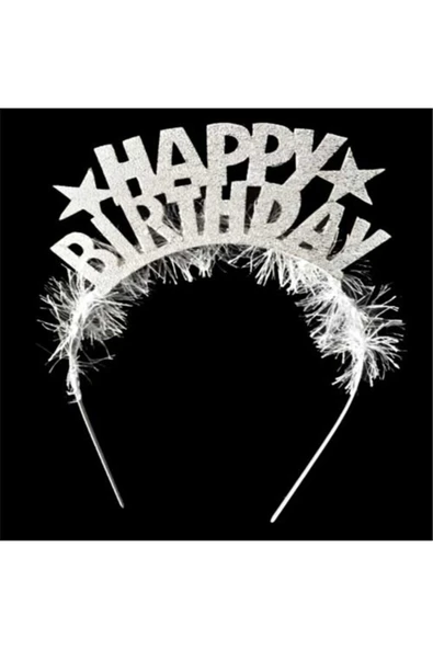 Kadın Gri Tüylü Simli Happy Birthday Taç ürün görseli 1