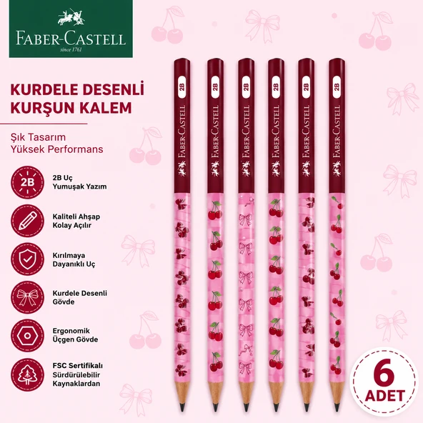 Faber-Castell Cherry Desenli Kurşun Kalem 6 Adet 2B Yuvarlak Gövde ürün görseli 1