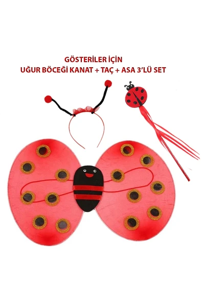 Çocuk Gösteri İçin Uğur Böceği Kanat + Taç + Asa 3'lü Kostüm Seti ürün görseli 1