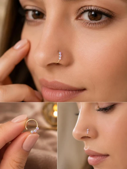 925 Ayar Gümüş Minimal Burun Hızması Piercing – Gri Opal Efektli Işığa Göre Renk Değiştiren ürün görseli 1