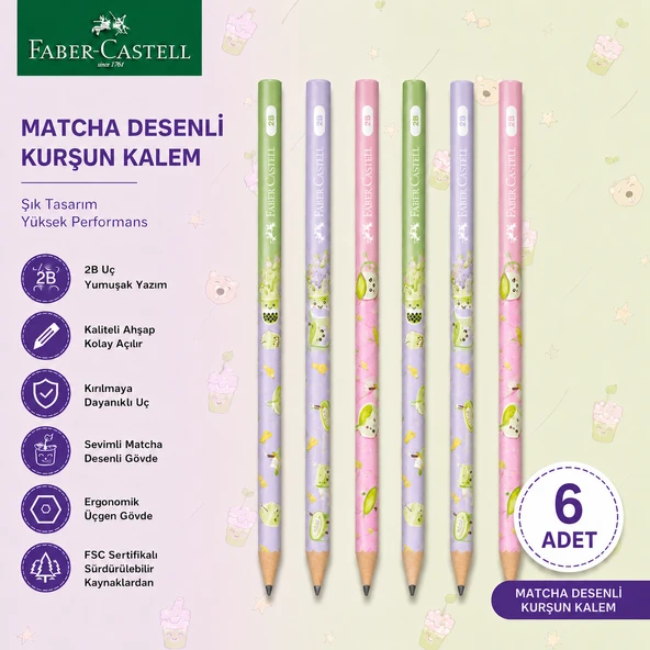 Faber-Castell Matcha Desenli Kurşun Kalem 6 Adet 2B Yuvarlak Gövde ürün görseli 1