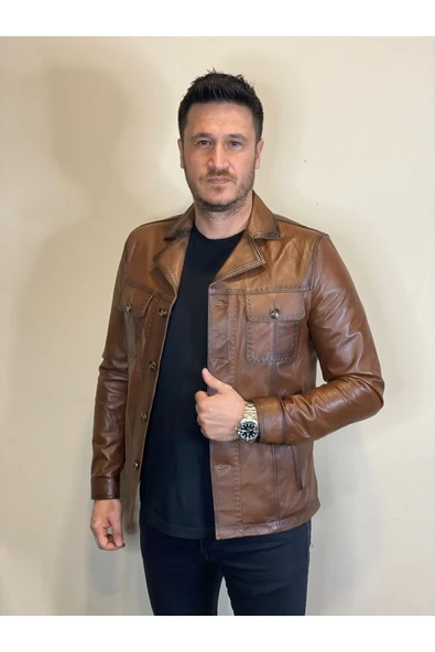 Hakiki Deri Düğmeli Erkek Deri Ceket ürün görseli 1