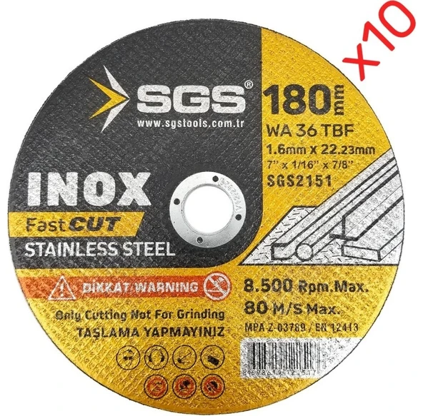 SGS2151 inox Metal Kesici Taş 180×1.6 10 Adet ürün görseli 1