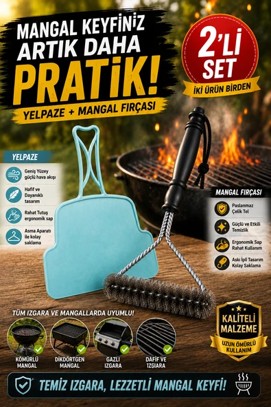 2'li Set Mangal Yelpazesi ve Izgara Temizlik Fırçası Kamp Piknik Barbekü Mangal Aksesuarı Pratik ürün görseli 1