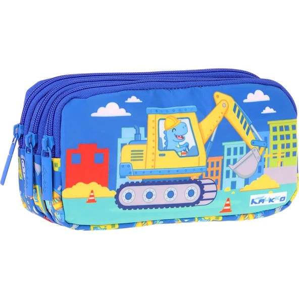 Kaukko Kids Dinazor ve Iş Makinesi Baskılı Mavi - Sarı Erkek Çocuk Okul Kalemliği Kalem Çantası - L5371 ürün görseli 1