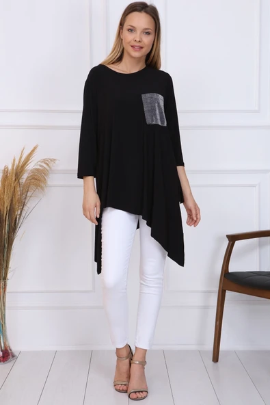 Gül Moda Kadın Siyah Simli Cepli Asimetrik Örme Kapri Kollu Tunik  G028-ss ürün görseli 1