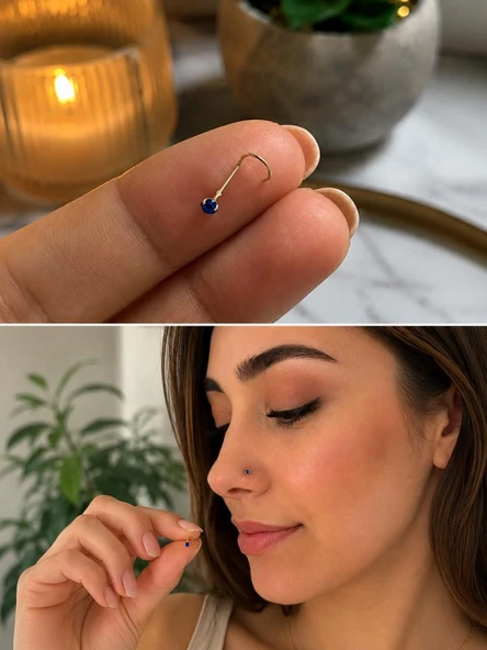 925 Ayar Gümüş Mavi Taşlı Burun Hızması Piercing Minimal L Şekilli Unisex Nose Stud ürün görseli 1