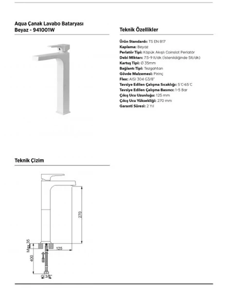 AQUA ÇANAK TİPİ LAVABO BAT.(WHITE) - Resim 2